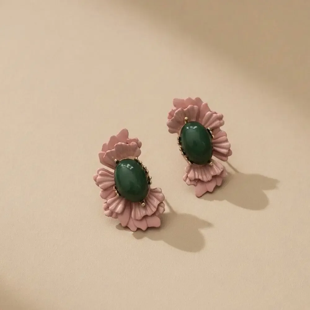 Art Deco Museum Flower Earrings Antique Pink Half Stud Boho VTG Retro Gold Pink